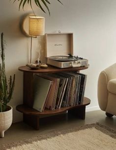 a record player sitting on top of a wooden shelf next to a potted plant