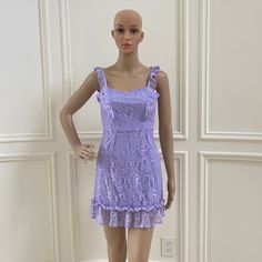 Size Xs Sleeveless Lace Dress With Ruffles For Cocktail, Lace Sundress For Party, Casual Lace Mini Dress, Casual Summer Lace Dress For Party, Casual Lace Mini Dress For Party, Casual Spring Party Lace Dress, Purple Lace Dress For Spring, Spring Purple Lace Dress, Elegant Purple Lace Mini Dress