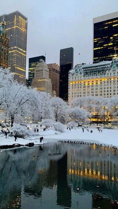 the city skyline is covered in snow as people walk along the river and trees with no leaves