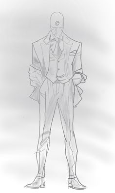 a drawing of a man in a suit and tie standing with his hands on his hips