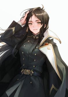 an anime character with long black hair wearing a cape and holding her hands up to her head