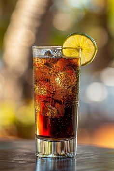 a close up of a drink on a table with a slice of lemon in it