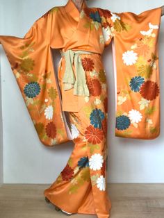 Couch Stitch, Long Sleeve Vintage Dress, Orange Kimono, Long Sleeve Vintage Dresses, Furisode Kimono, Flower Kimono, Japanese Dress, Vintage Japanese Kimono, Womens Kimono