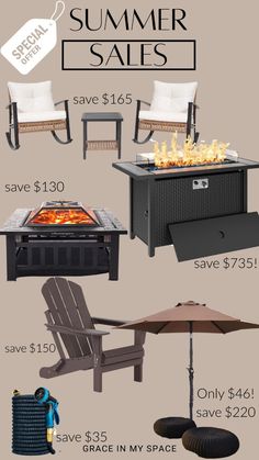 an outdoor fire pit and chairs with the text summer sales on it, above them