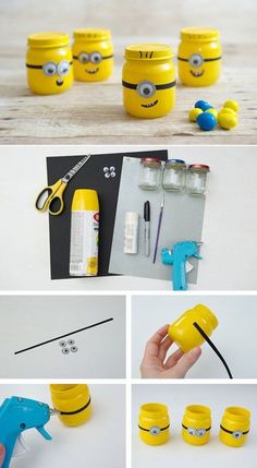 the instructions for making minion jars out of plastic bottles are shown in different ways