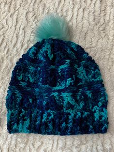 Crochet beanie in shades of blue with light blue faux fur pompom. Payson Az, Blue Beanie, Hand Dyed Silk, Silk Dyeing, Crochet Beanie, Skull Cap Beanie, Blue Ocean, Handmade Crochet, Shades Of Blue