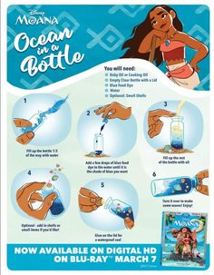 the instructions for how to make an ocean in a bottle from disney's moan