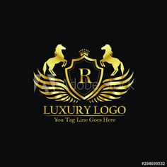 luxury logo design with golden horse and shield on black background for business, company or brand