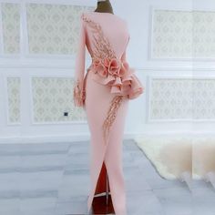 Blush Pink Aso Ebi Evening Dresses Pink Elegant Long Sleeve Mermaid Dress, Pink Long Sleeve Elegant Mermaid Dress, Elegant Pink Long Sleeve Mermaid Dress, Embellished Sheath Evening Dress For Wedding, Elegant Long Sleeve Pink Mermaid Dress, Fitted Peplum Wedding Dress, Elegant Pink Dresses With Pearl Embroidery, Fitted Peplum Party Gown, Fitted Peplum Gown For Parties