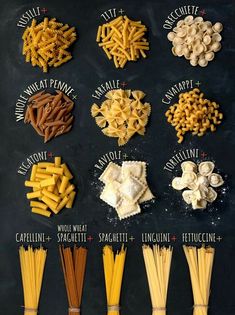 different types of pasta on a black board