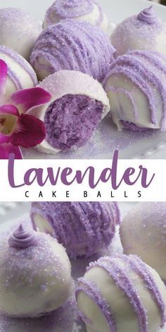 the cake balls are covered in purple and white icing