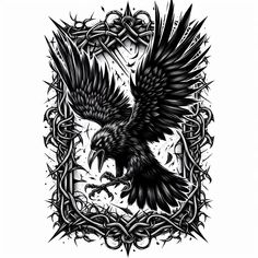 a black and white drawing of an eagle in a frame with barbed wire around it