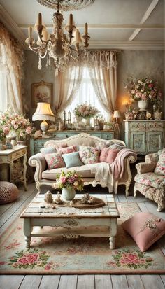 a living room filled with furniture and flowers on the table in front of a chandelier