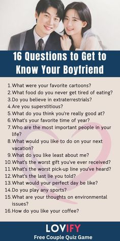 Unlock deeper connections with your boyfriend by asking these 16 insightful questions. These questions are designed to help you understand his dreams, values, and personality on a more profound level. From his childhood memories to his future aspirations, each question is crafted to spark meaningful conversations and strengthen your bond. Whether you're in a new relationship or have been together for years, these questions will bring you closer together and reveal new facets of your partner

#GetToKnowYourBoyfriend #RelationshipQuestions #DeepConversations #CoupleGoals #RelationshipAdvice #BoyfriendQuestions #StrengthenYourBond #MeaningfulConversations #KnowYourPartner #CoupleTips #RelationshipGoals #LoveAndRelationships #BondingTime #PersonalGrowth #RomanticQuestions #LoveLife Bad Pick Up Lines, Couples Quizzes, Things To Do With Your Boyfriend, Love And Understanding, Bad Gifts