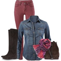 CAbi Fall 2014....Bordeaux Skinny Jean, McQueen denim shirt, and Bisou scarf.  LOVE!!! www.michellewilliams.cabionline.com Bordeaux Outfit, Cabi Fall 2021 Outfits Ideas, Burgundy Hat, Cabi Clothing, Burgundy Jeans, Cabi Clothes, Fall 2014 Fashion, Fall Attire, Jeans Rock