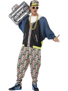 a man in hip hops clothing holding two boomboxes on his shoulders and wearing sunglasses