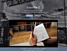 the guitar pro 3 website is displayed in black and white, with an image of a person's hand holding a book