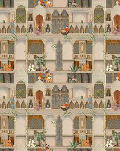 an image of a wallpaper pattern with people on the windows and in the doorways