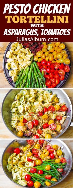 pasta with asparagus, tomatoes and pesto chicken is served in two pans