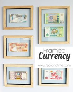 framed currency displayed on the wall with text overlay that reads framed currency www tealandtime com