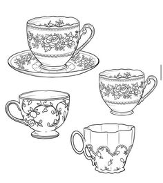 four tea cups and saucers with floral designs