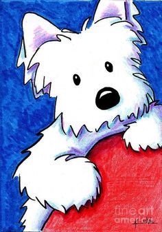 a drawing of a white dog with his paw on a red heart shaped pillow in front of a blue background