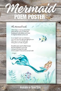 the mermaid poem poster is displayed on a wooden background with an ocean scene and fish