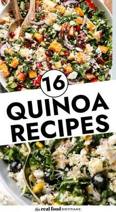 Overhead view harvest salad with quinoa and butternut squash and side view of blueberry quinoa kale salad with goat cheese. Quinoa Feta Recipes, Low Cholesterol Quinoa Recipes, Quinoa Recipes High Protein, Aip Quinoa Recipes, Quinoa And Cabbage Recipes, Quinoa Recipes Salad, Quinoa Recipes Easy Quick, Quinoa Dinner Recipes