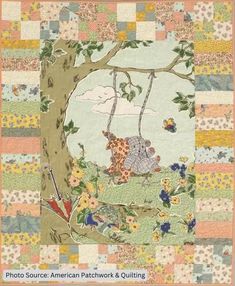 a quilt with an elephant on the tree and other animals around it, all in pastel colors