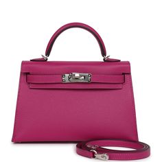 This Kelly, in the Sellier style, is a verso in Rose Pourpre epsom leather with palladium hardware, has tonal stitching, two straps with front toggle closure, single rolled handle and removable shoulder strap.The interior is lined with Gris Perle lambskin leather and has one open pocket on the back wall.Collection: BOrigin: FranceCondition: New and never worn (plastic on hardware)Accompanied by: Hermes box, Hermes dustbag, shoulder strap, shoulder strap dustbag, felt, carebookMeasurements: 7.5" Couture, Hermes Himalayan Birkin, Hermes Special Order, Hermes Clutch, Kelly Sellier, Mini Kelly, Luxury Bags Collection, Hermes Box, Hermes Handbags