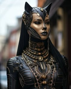 a woman in black and gold costume with cat ears on her head, wearing an elaborate mask