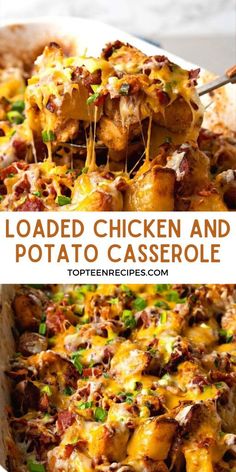 loaded chicken and potato casserole in a white dish with the title above it