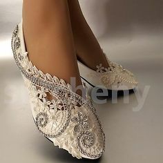 su.cheny 2” White ivory pearls lace crystal Wedding shoes Bridal women size 5-12 | eBay Bridal Shoes Low Heel, Ivory Wedding Shoes, Lace Flats, Bridal Women, Wedding Shoes Flats