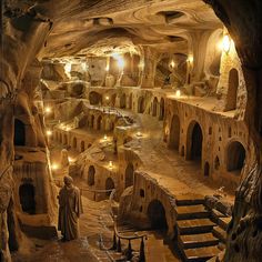 an underground cave with stairs and statues in the center, lit up by lights at night