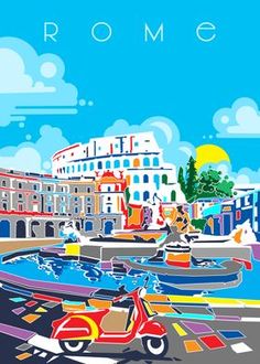 an image of a colorful city scene with boats and motor scooters in the foreground