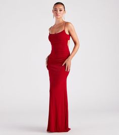 Mckayla Formal Scoop Neck Dress | Windsor Satin Red Prom Dress, Formal Dresses Red, Prom 23, Burgundy Gown, Prom Inspo, Homecoming Dance, Red Dresses Classy, Senior Prom, Scoop Neck Dress