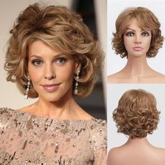 Modern Hairstyle Bob With Bangs Short Hairstyle Inspiration Bangs Wavy, Curly Wig With Bangs, Blonde Curly Wig, Natural Wigs, Wig With Bangs, Curly Wig, Brown Wig, Old Lady