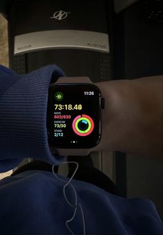 an apple watch showing the time on its screen and someone's arm holding it