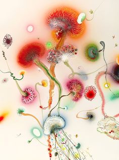 an abstract painting with flowers and bubbles in the air, on a white background that appears to be multicolored