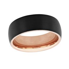 a black and rose gold wedding ring with an inner band, on a white background