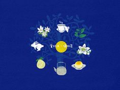 an illustration of a tree with flowers, eggs and teapots around it on a blue background