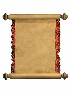 an old paper scroll with red trimmings and scrolls on the edges is displayed in front of a white background