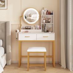 a white vanity with a mirror, stool and shelves on the wall next to it