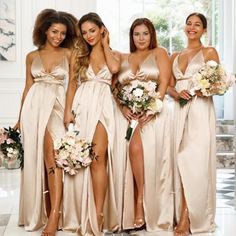 the bridesmaids are all wearing different dresses