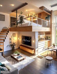 a living room filled with furniture and a loft bed next to a tv mounted on a wall