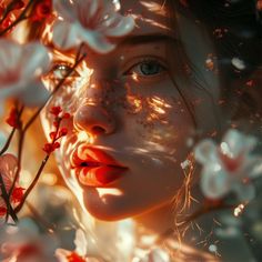 a woman with flowers in her hair and blue eyes is looking at the camera while she's surrounded by petals