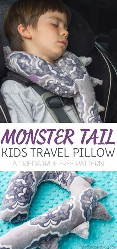 a child sleeping in a car seat with text overlay reading monster tail kids travel pillow