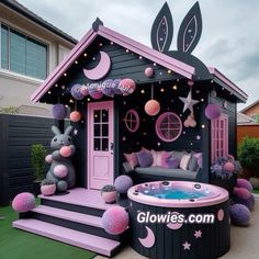 an inflatable hot tub with bunny ears on it and decorations around the house