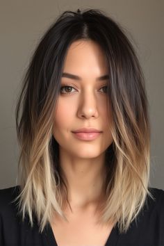 45 Layered Lob Haircuts  - Stylish Hair Ideas Medium Length Haircut Long In Front Short In Back, Long To Shoulder Length Hair, Lob Haircut Thinning Hair, Long Layered Bob Thick Hair, Short Hair Layers With Highlights, Baliage Short Hair 2024, Carmel Balayage Brunettes Straight, Dramatic Lob Haircut, Dark To Blonde Balayage Short Hair