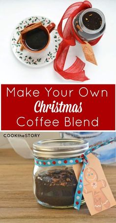 make your own christmas coffee blend in a glass jar with red ribbon around the top